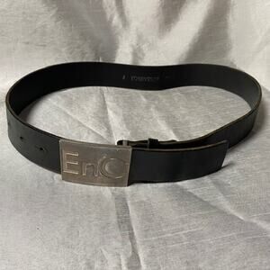 EnC Black Leather Belt Logo Silver Buckle 28 to 33 inch length